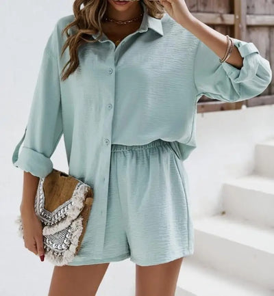 Marina | Roll-Up Sleeve Shirt & High-Waist Shorts Two-Piece Set