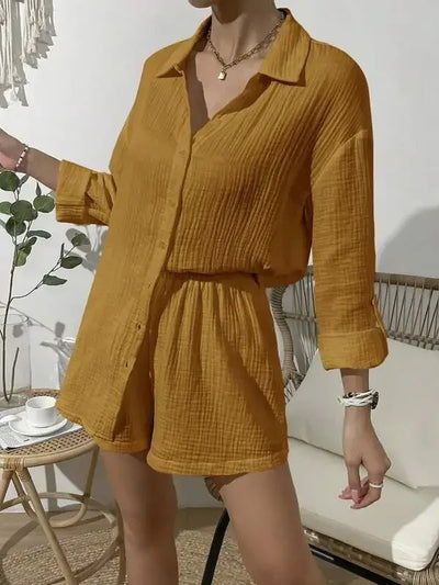 Elara | Solid Colour Long Sleeve Shirt & Loose Shorts Two-Piece Set