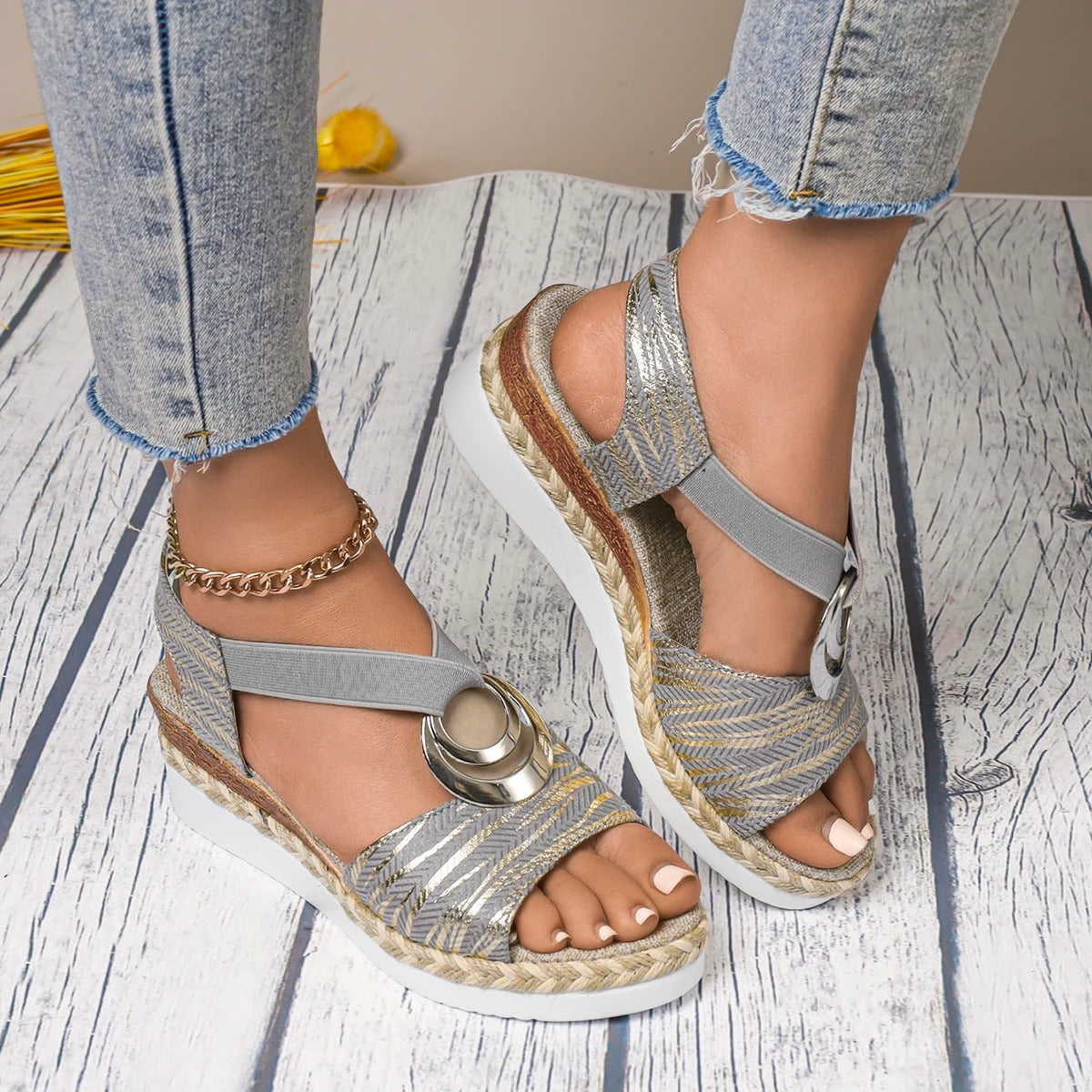 Serena | Stylish Snake Print Gladiator Wedges with Metal Accents