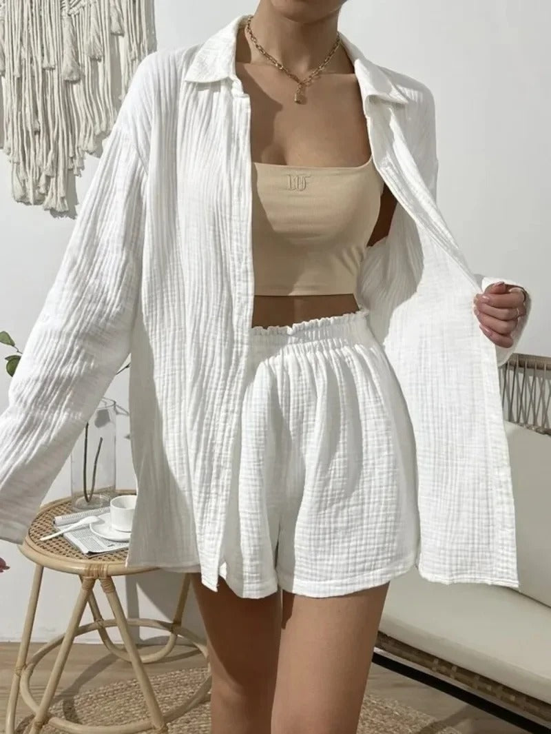 Elara | Solid Colour Long Sleeve Shirt & Loose Shorts Two-Piece Set