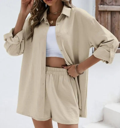 Marina | Roll-Up Sleeve Shirt & High-Waist Shorts Two-Piece Set