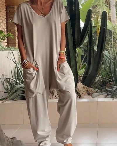 CLARISSA- CASUAL V-NECK SOLID COLOUR JUMPSUIT