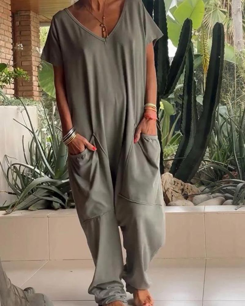 CLARISSA- CASUAL V-NECK SOLID COLOUR JUMPSUIT