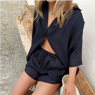 Olivia | Solid Colour Cotton Shirt & Wide-Leg Shorts Two-Piece Set