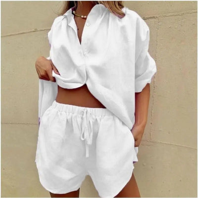 Olivia | Solid Colour Cotton Shirt & Wide-Leg Shorts Two-Piece Set