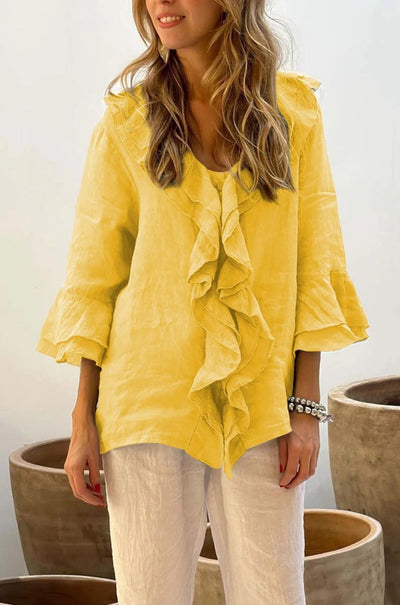 Ruffled Cotton Linen Blouse with 3/4 Sleeves