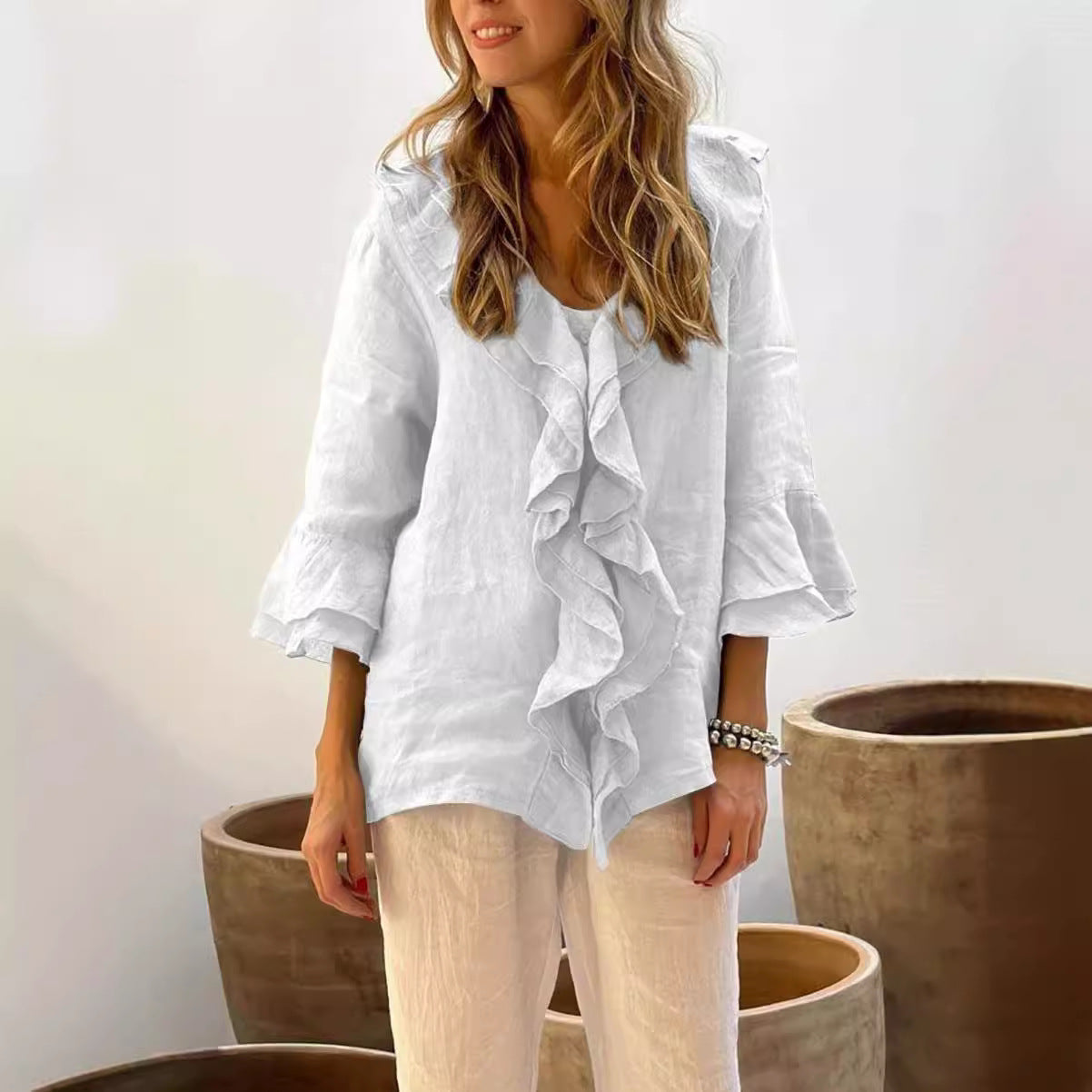 Ruffled Cotton Linen Blouse with 3/4 Sleeves