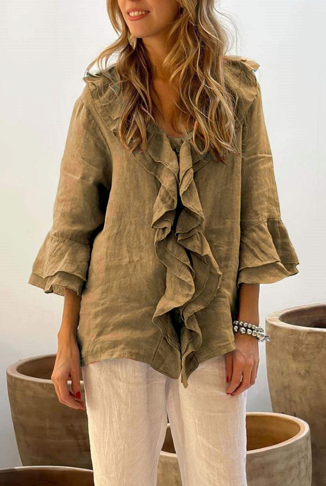 Ruffled Cotton Linen Blouse with 3/4 Sleeves