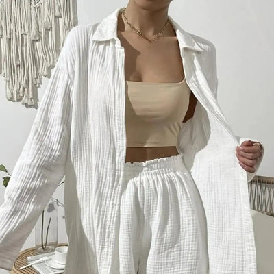 LARA | WRINKLED FABRIC LAPEL SHIRT & HIGH-WAISTED DRAWSTRING SHORTS SUIT