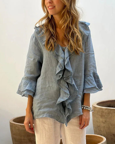 Ruffled Cotton Linen Blouse with 3/4 Sleeves