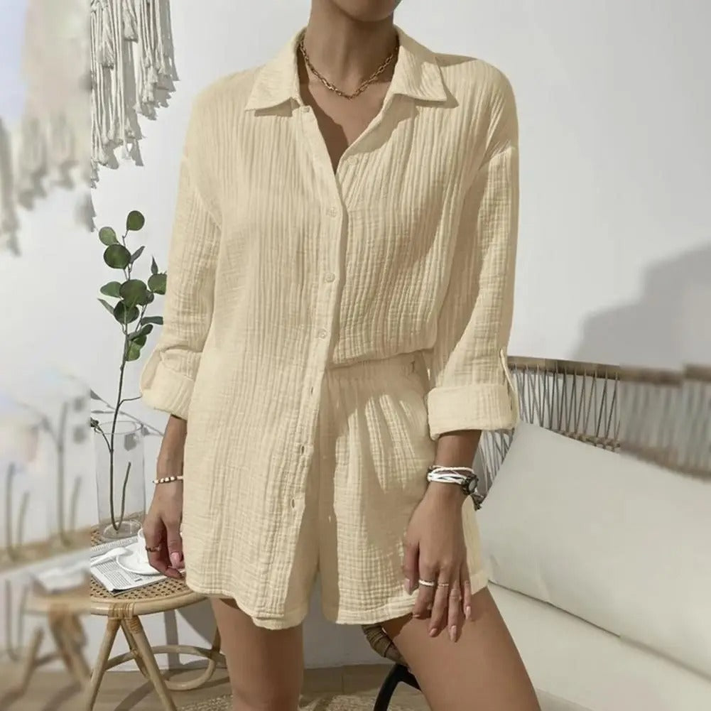 LARA | WRINKLED FABRIC LAPEL SHIRT & HIGH-WAISTED DRAWSTRING SHORTS SUIT